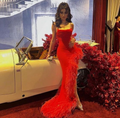 Vestido de fiesta rojo con tirantes de sirena y plumas, vestido de noche largo Y7901