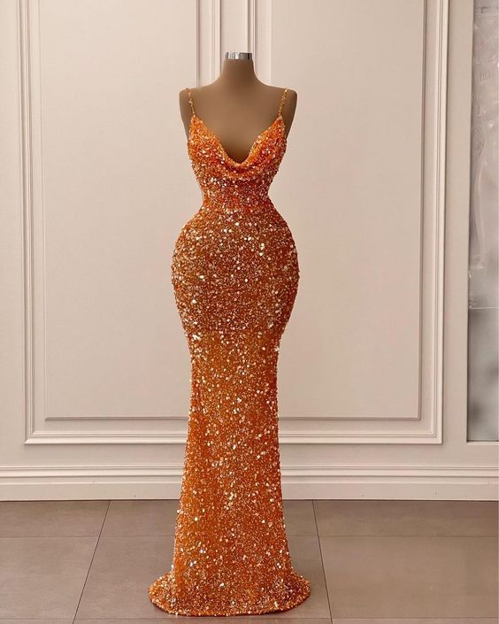 Spaghettiträger Glitzerndes Abendkleid Orange Glitzer Meerjungfrau Ballkleid Y6105