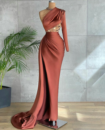 Vestido de noche de sirena marrón con cuentas y un solo hombro, con abertura lateral alta, hecho a medida Y604