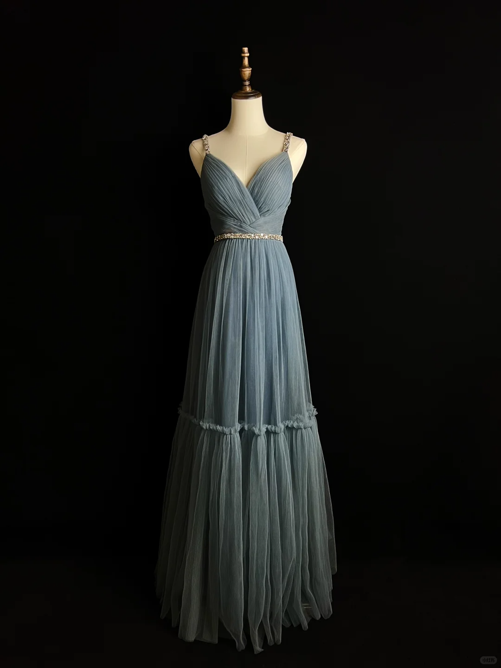 Vestido de noche sencillo de tul azul con cuentas, corte A, tirantes finos, escote en V, vestido de fiesta Y8649