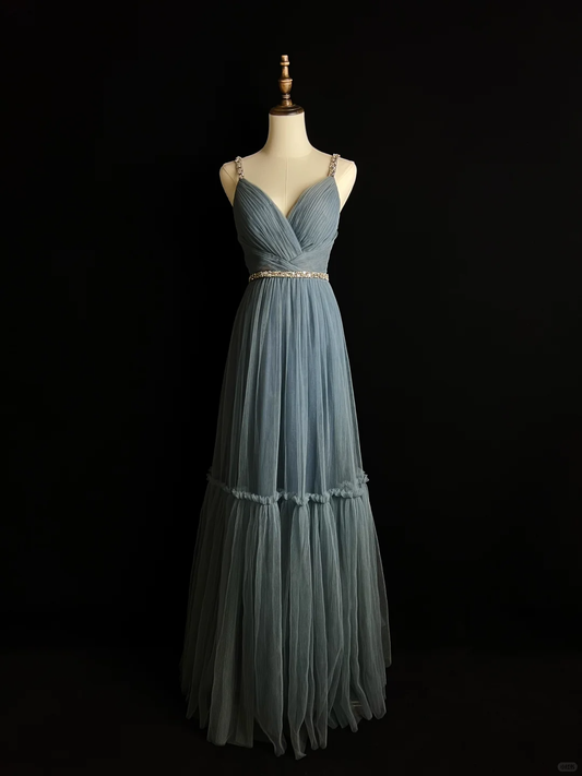 Schlichtes blaues Abendkleid aus Tüll mit Perlen in A-Linie, Spaghettiträgern und V-Ausschnitt, Y8649