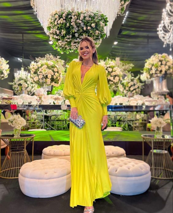 Damen Kleider V-Ausschnitt Laterne Lange Ärmel Abendkleid Y5589
