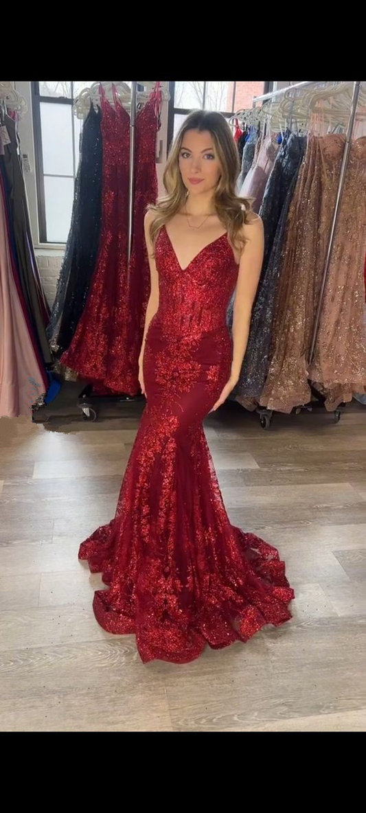 Vestido de fiesta de sirena con escote en V rojo, vestido de noche rojo Y5967
