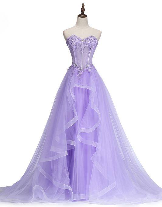 Nuevo vestido de noche largo de encaje morado claro para banquete, elegante vestido de novia sin tirantes, corte en A, vestido formal para fiesta de graduación Y1845
