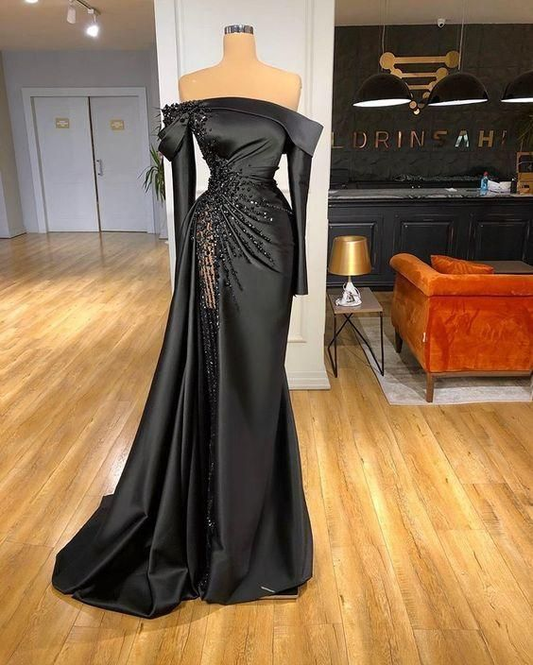 schwarzes Satin langes Ballkleid Meerjungfrau Abendkleid Y80