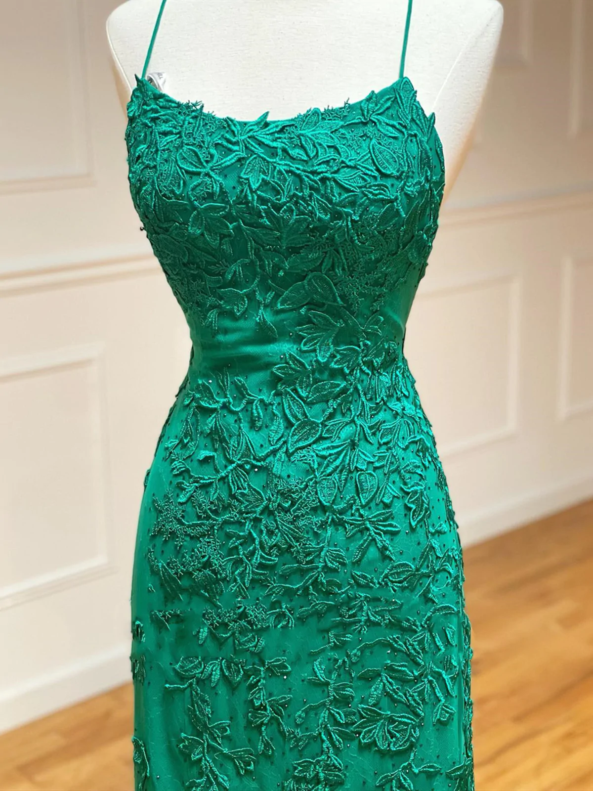 Vestidos de fiesta de sirena con encaje verde sin espalda, vestidos de noche formales de sirena con encaje verde con espalda descubierta Y1365