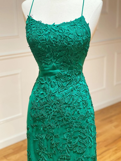 Vestidos de fiesta de sirena con encaje verde sin espalda, vestidos de noche formales de sirena con encaje verde con espalda descubierta Y1365