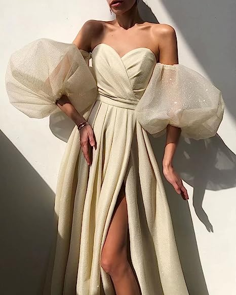 Women's Puffy Sleeve Prom Dresses with Slit Glitter Romantic Fairy Long Evening Gown ,Y2420