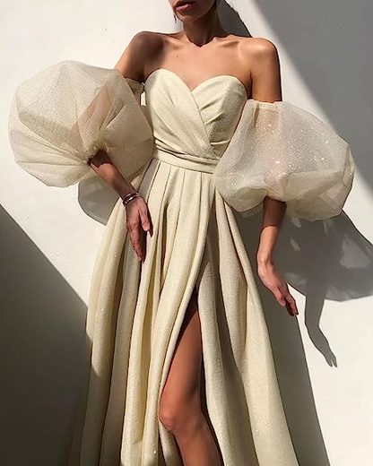 Women's Puffy Sleeve Prom Dresses with Slit Glitter Romantic Fairy Long Evening Gown ,Y2420