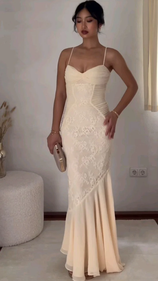 Sexy Chiffon Lace Evening Dress Spaghetti Straps Mermaid Party Prom Dress Y8077