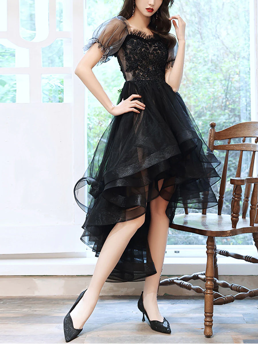 Vestido de fiesta de tul con escote corazón y encaje, corte asimétrico, color negro, para regreso a casa Y5689