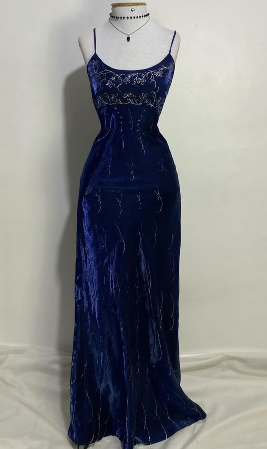 Hermoso vestido de fiesta de terciopelo azul marino con tirantes finos y cuentas, vestido de noche Y8411