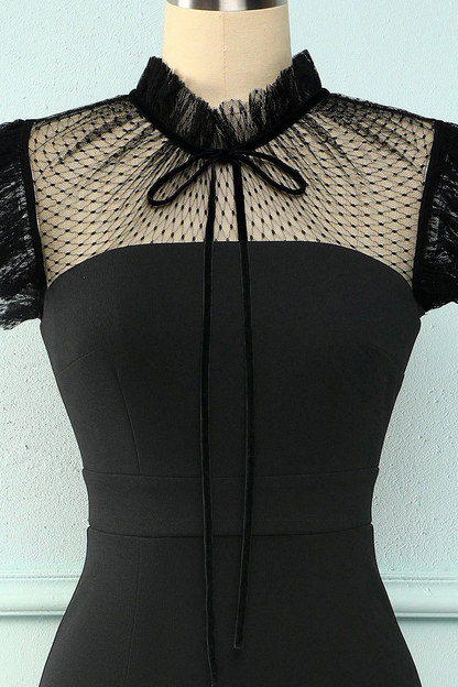 Vestido de noche corto ajustado con cuello alto y corte sirena negro Y5066