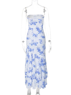 Vestido de noche elegante de sirena con volantes y estampado floral sin tirantes Y7840