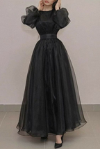 Vestido de noche negro estilo retro con mangas largas y corte en A Y6742