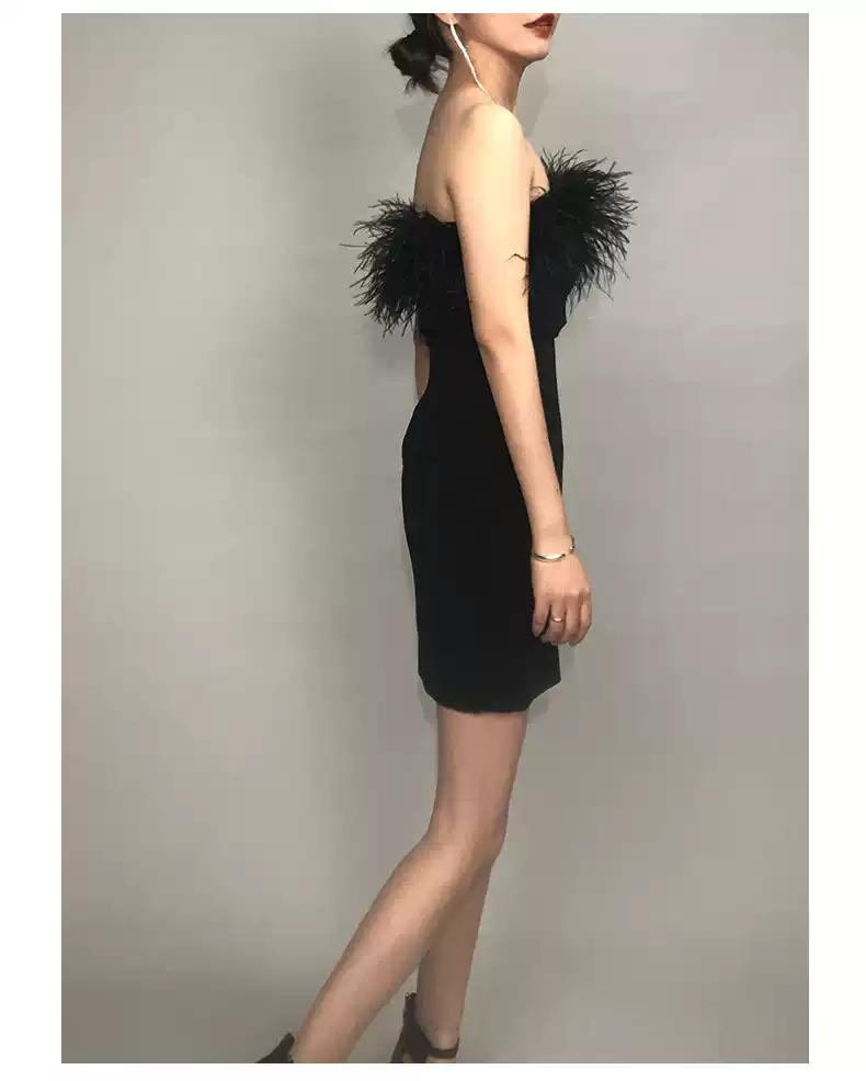 Vestido de fiesta de cóctel ajustado con plumas y hombros descubiertos para mujer, vestido negro corto de bienvenida Y1356