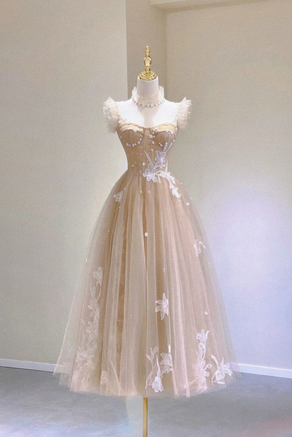 Champagne Lace Tea Length Prom Dresses A-Line Evening Dresses Y6471