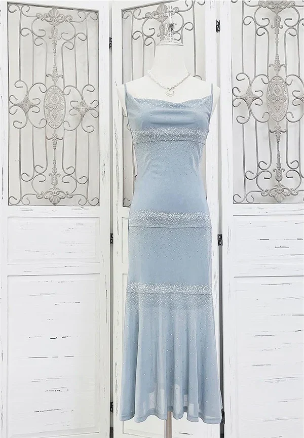 Edle Spaghettiträger Blau Chiffon Perlen Ballkleid Abendkleid Y8248