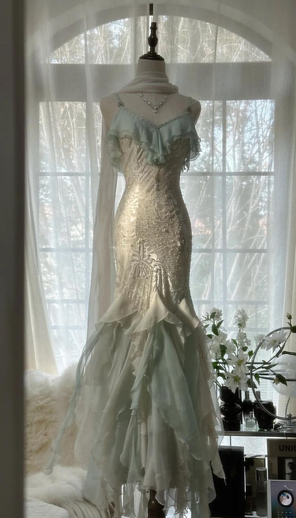 Vestido de noche elegante de gasa con cuentas y tirantes finos, estilo sirena, color verde menta, vestido formal de fiesta Y8546