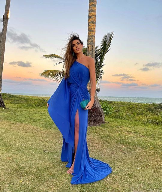 Royal Blue One Shoulder Long Evening Dress With Slit Wedding Guest Outfit Y4839