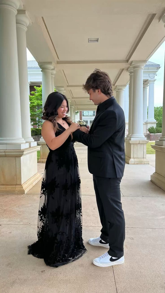 Vestido de fiesta negro con escote en V y corte en A, vestido de noche negro Y6517