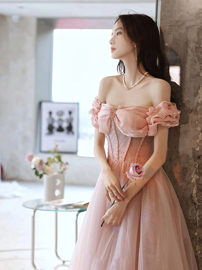 Rosa Herzausschnitt Tüll Perlen Langes Ballkleid, Rosa Abendkleid, Y2406