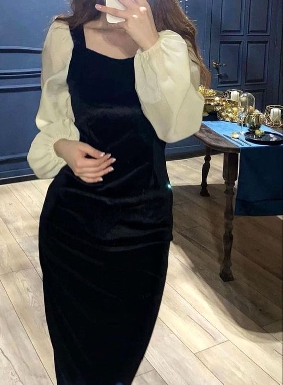 Vestido de invierno elegante de terciopelo con escote en V y costuras negras, estilo retro, de cintura alta y mangas abullonadas, Y5673