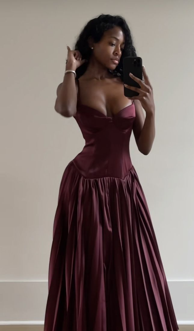 Vintage A-Linie Träger Burgund Satin Langes Ballkleid Abendkleid Y7994