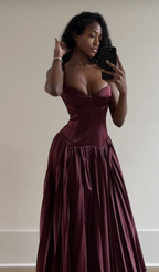 Vintage A-Linie Träger Burgund Satin Langes Ballkleid Abendkleid Y7994