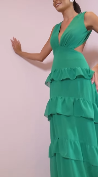 Smaragdgrünes Abendkleid mit tiefem V-Ausschnitt und Rüschen, rückenfrei, langes Ballkleid Y8386