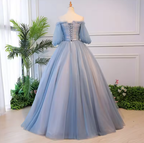 Einzigartiges langes Ballkleid aus blauem Tüll mit Spitze, blaues Abendkleid S13770