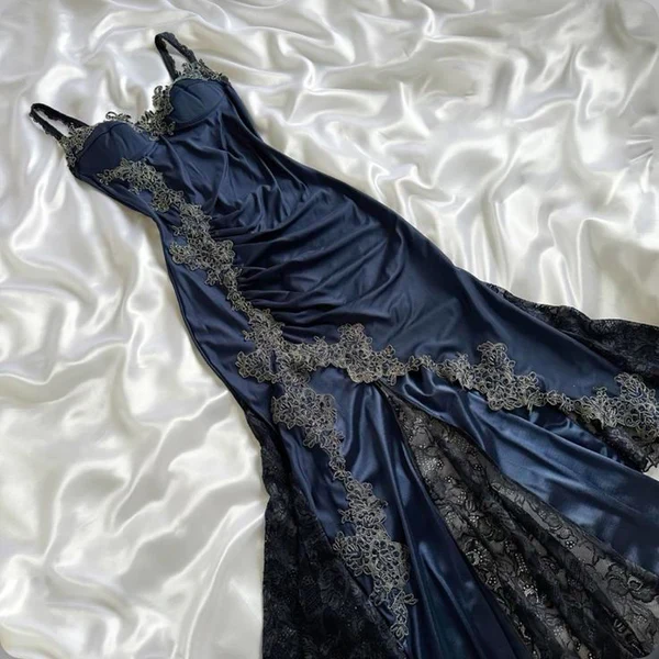 Vintage Marineblau Satin Spitze Applikationen Meerjungfrau Abendkleid Ballkleid Y8497