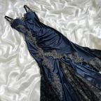 Vintage Marineblau Satin Spitze Applikationen Meerjungfrau Abendkleid Ballkleid Y8497