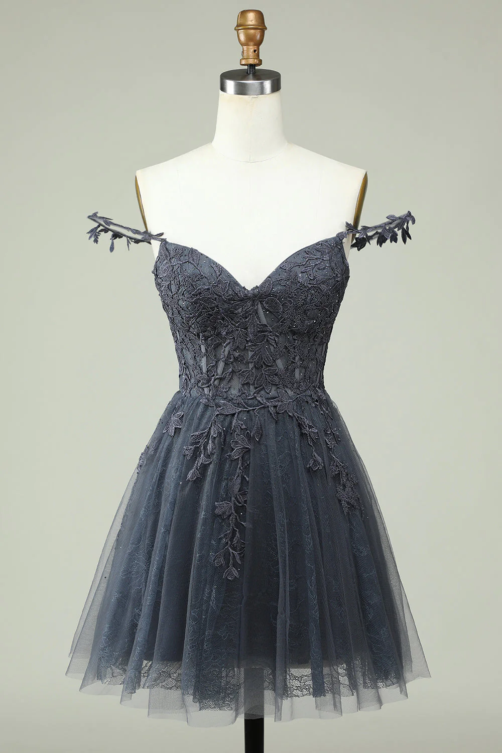 Vestido de fiesta gris corto con tirantes finos, corte A y apliques Y2397