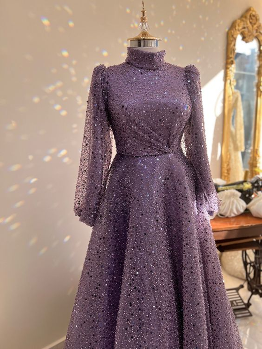 Lujoso vestido de noche con mangas largas y corte A con purpurina Y5810