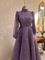 Lujoso vestido de noche con mangas largas y corte A con purpurina Y5810