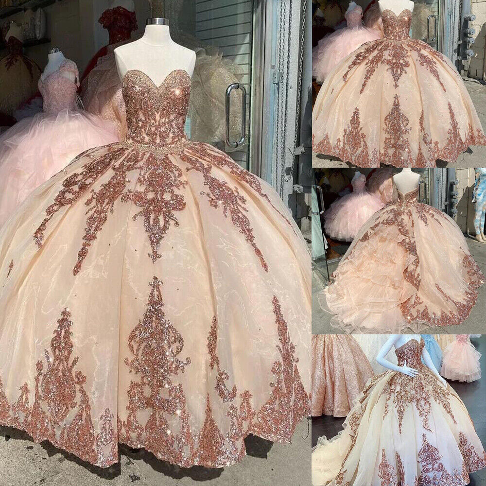 Vestidos de quinceañera en oro rosa con apliques de lentejuelas y escote corazón Y401