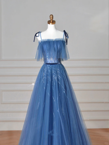 Hübsches blaues Spaghettiträger-Tüll-Pailletten-A-Linien-Ballkleid Abendkleid Y8634