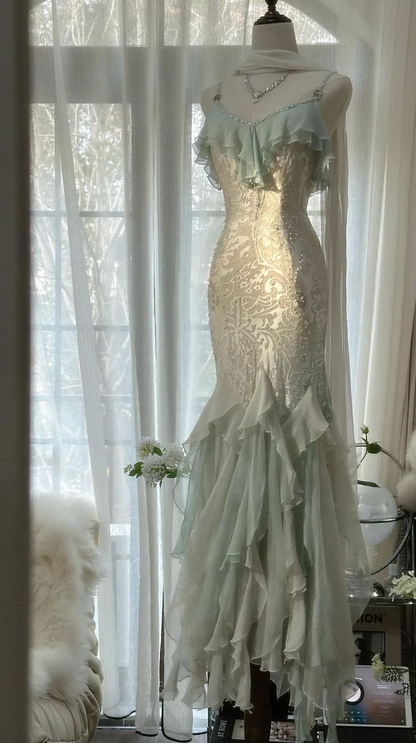 Vestido de noche elegante de gasa con cuentas y tirantes finos, estilo sirena, color verde menta, vestido formal de fiesta Y8546