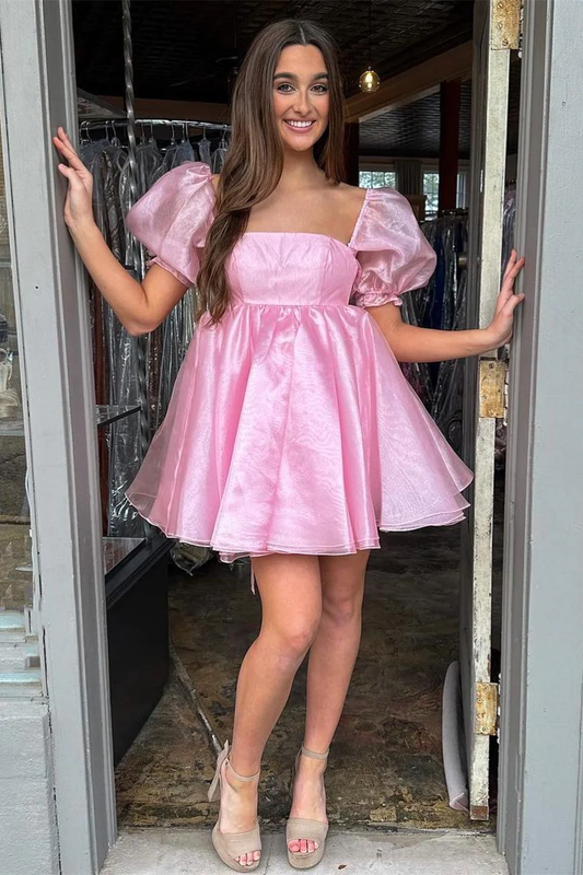 Pink Square Neck Balloon Sleeves A-Line Homecoming Dress Y2434