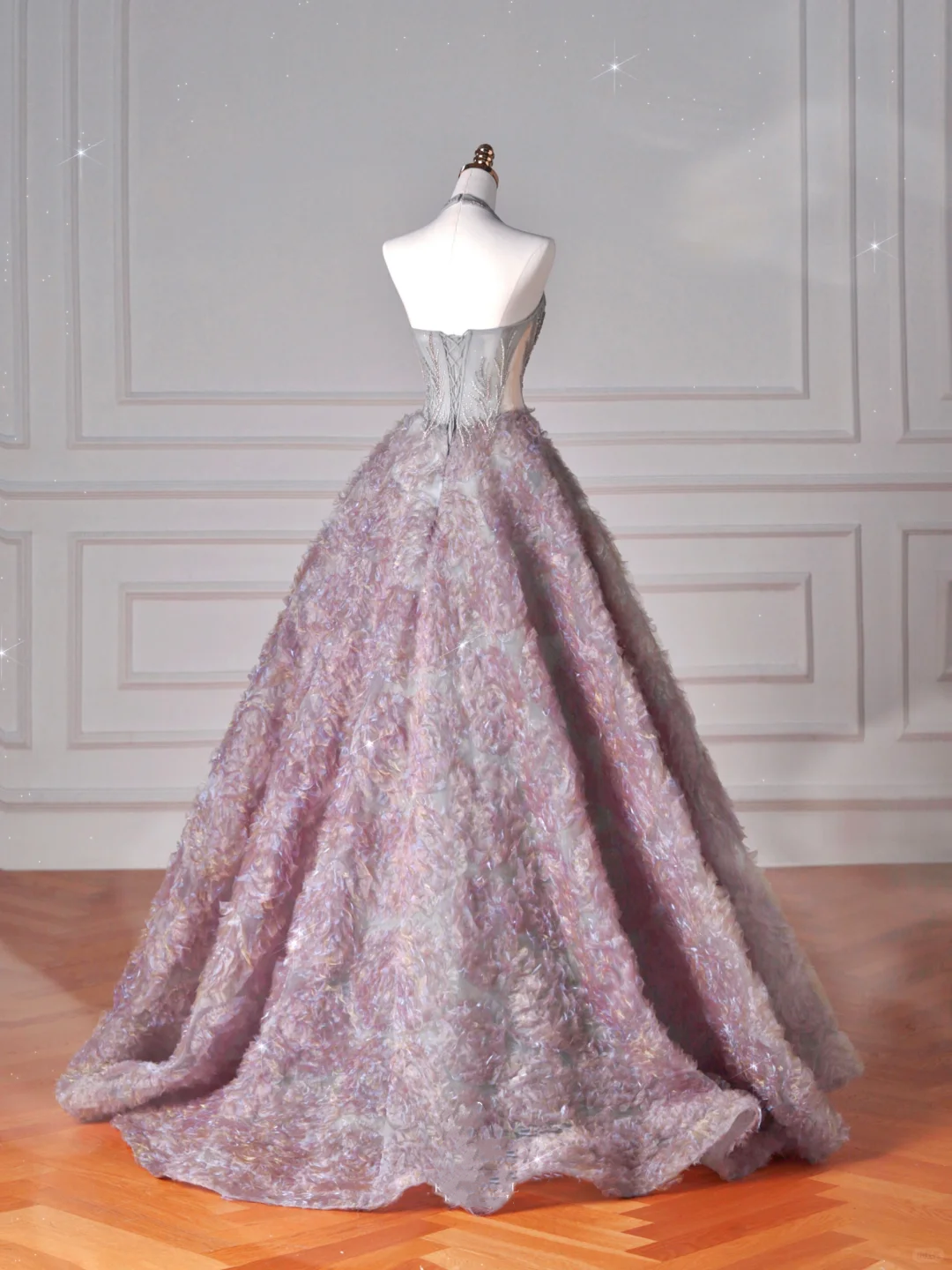 Glamouröses Neckholder Lila Tüll Blumen Perlen Ballkleid, A-Linie Abendkleid Brautkleid Y8625