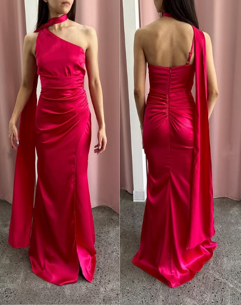 Elegantes One-Shoulder Hot Pink Satin Etuikleid Ballkleid Langes Abendkleid Y8419
