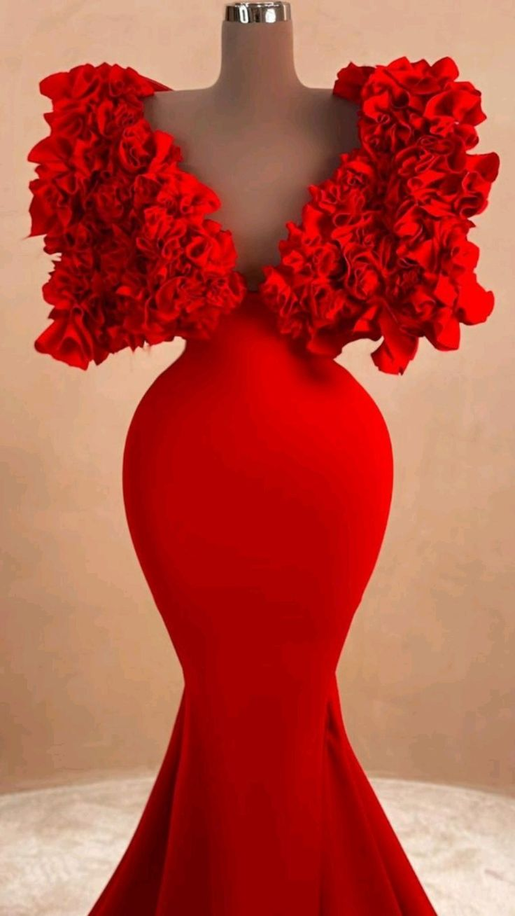 Women Red Long Evening Dress Mermaid Formal Dress Ruffles Cloud Shoulder Y4932