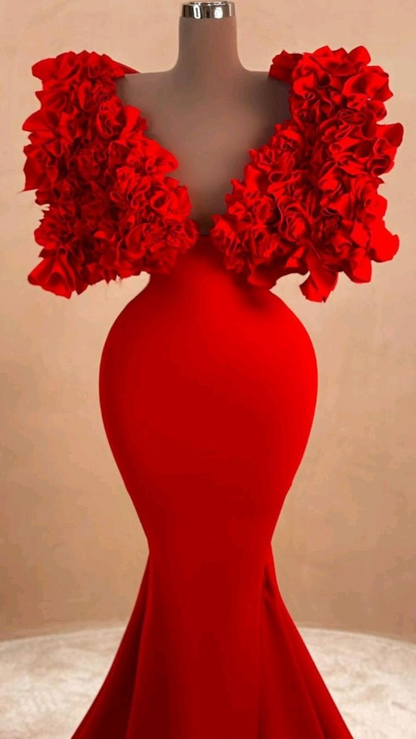 Women Red Long Evening Dress Mermaid Formal Dress Ruffles Cloud Shoulder Y4932
