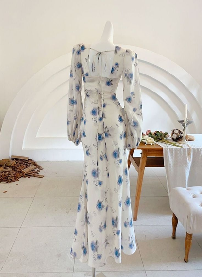 Elegantes eisblaues Chiffon-Blumenkleid mit Rosen-Print, langes Meerjungfrau-Abendkleid Y8407
