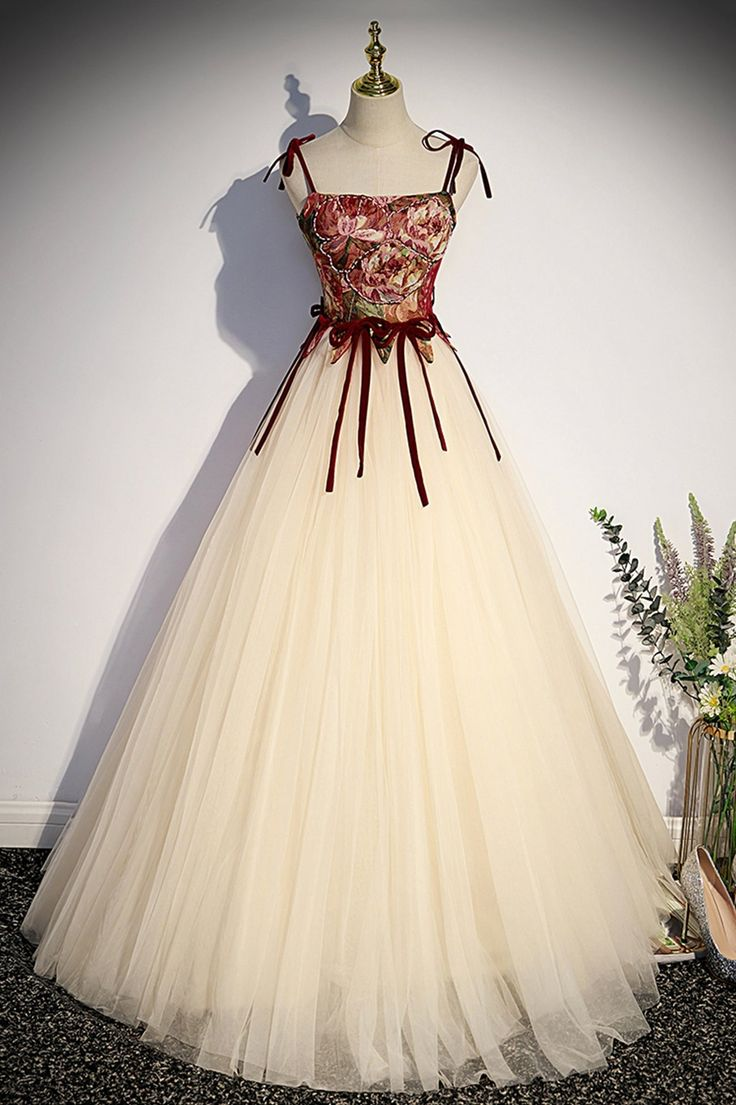 Champagner Tüll Spaghettiträger Langes Ballkleid A-Linie Party Ballkleid Y7952