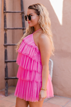 Vestido halter con espalda descubierta y dobladillo superpuesto de malla, vestido rosa de fiesta Y2569