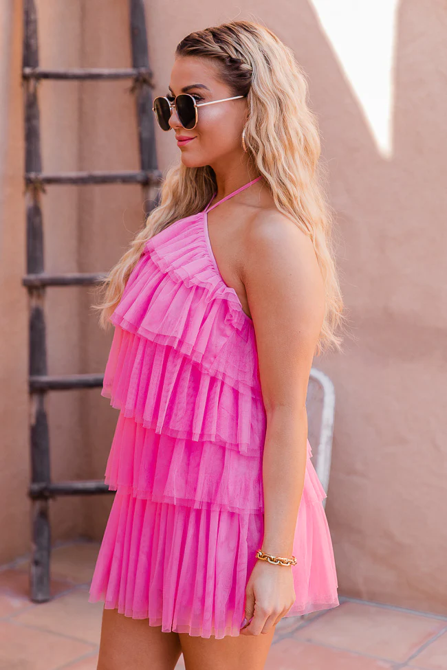 Vestido halter con espalda descubierta y dobladillo superpuesto de malla, vestido rosa de fiesta Y2569