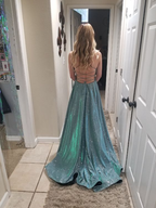 Glänzendes A-Linien-Abendkleid mit V-Ausschnitt, Abschlusskleid Y6754