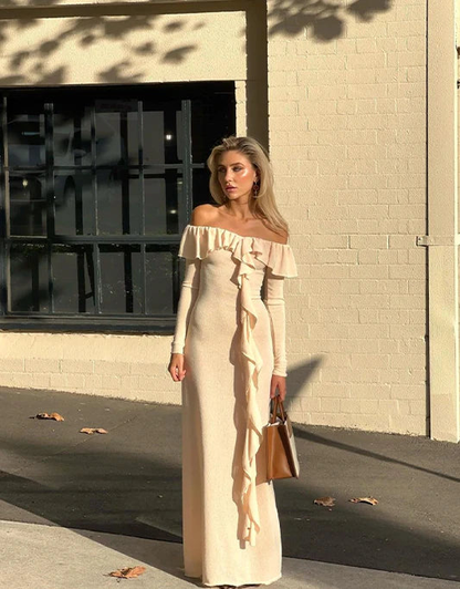 Elegantes schulterfreies, cremefarbenes, langes Ballkleid mit Schlitz und Rüschen, Party- und Abendkleid Y7975